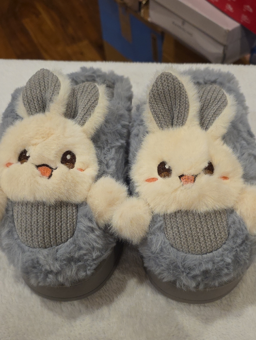 Gray Plush Bunny Slippers with Cream Faces